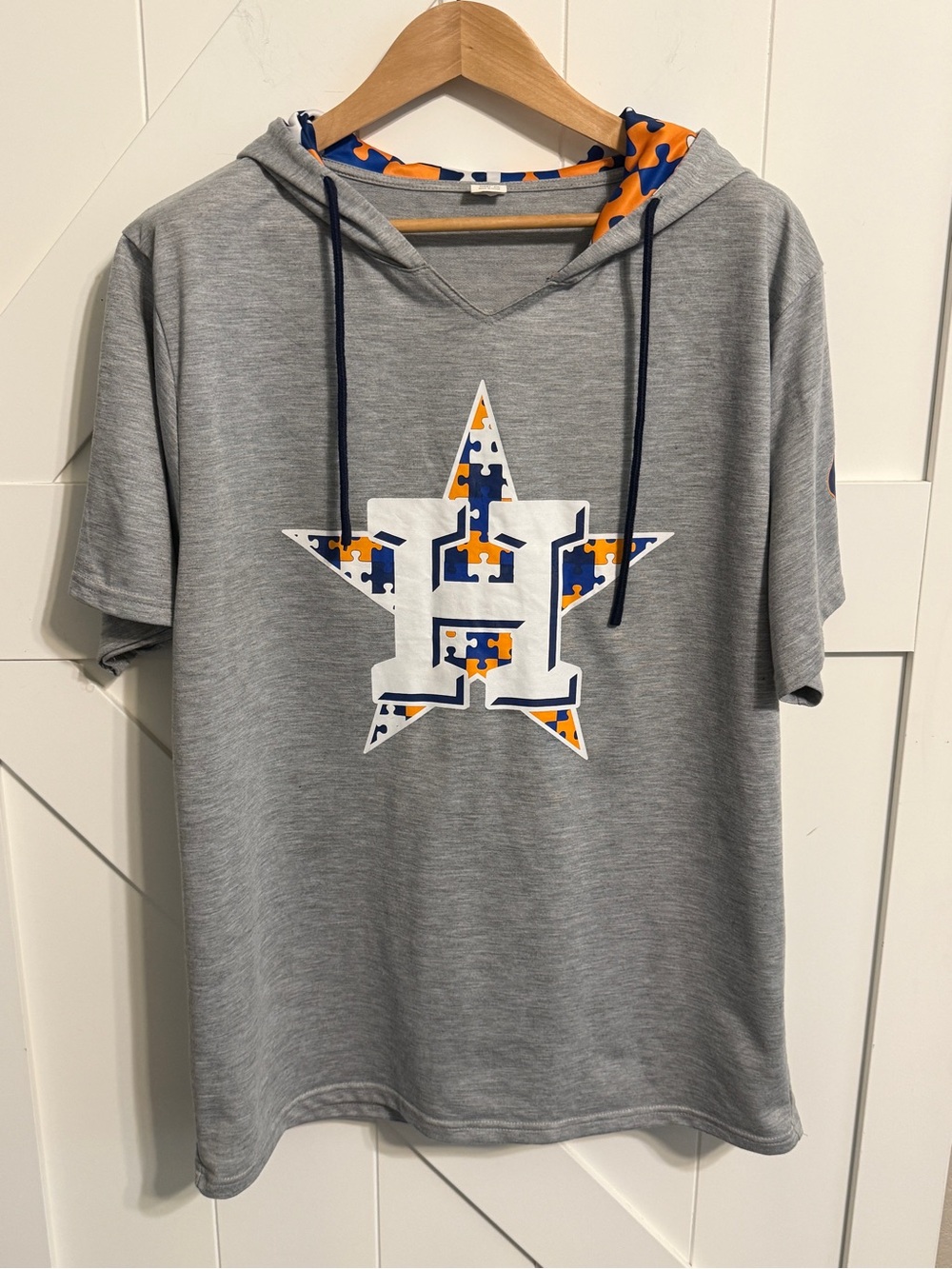 Houston Astros Grey Short-Sleeve Hoodie 2XL Puzzle-Print Hood Autism Awareness